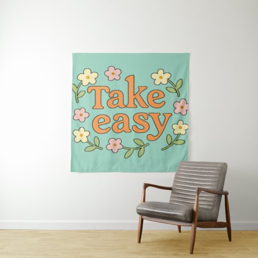 Tenture "Take Easy": Positive Retro Floral Illustration (En situation)