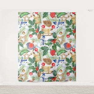 Tenture Tapis de Noël Xmas Bonhomme de Neige, Cônes de Pin