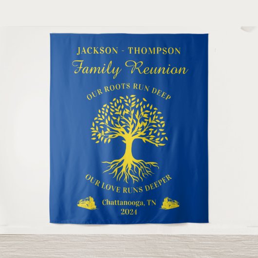 Tenture Tapiz Family reunion tree backdrop banner blue (Devant)