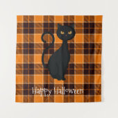 Tenture Tartan noir orange Plaid Chat noir Halloween (Devant)