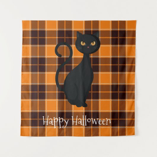 Tenture Tartan noir orange Plaid Chat noir Halloween (Devant)