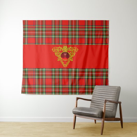 TENTURE TARTAN VERT ROUGE ÉCOSSE, CELTIQUE OR KNOTES COEUR (En situation (horizontale))