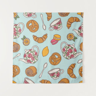 Tenture Tea party dessiné à la main sans couture motif. Ba