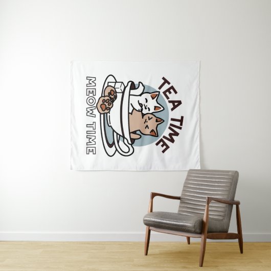 Tenture Tea Time Meow Time - Cute Cat and Tea Design (En situation (horizontale))