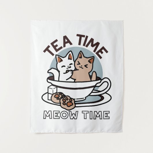 Tenture Tea Time Meow Time - Cute Cat and Tea Design (Devant)