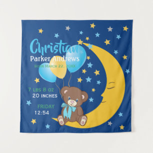 Tenture Teddy Bear assis sur la Lune Baby Birth Statistiqu