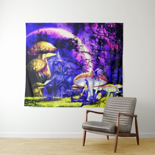 Tenture Terre d'Imaginaire avec elfes et champignons (En situation (horizontale))