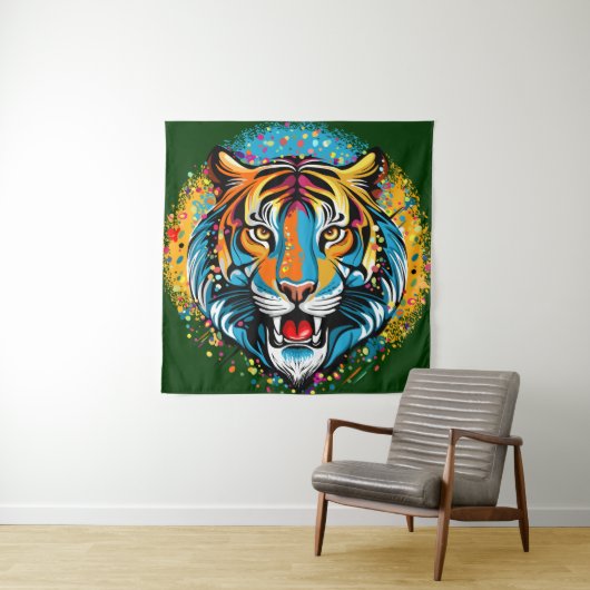 Tenture Tête de tigre couleurs arc-en-ciel peinture taches (En situation)