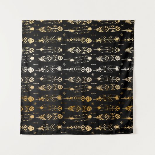 Tenture Textured golden feathers in tribal style. Seamless (Devant (Horizontal))