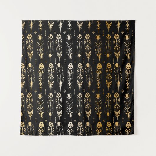 Tenture Textured golden feathers in tribal style. Seamless (Devant)