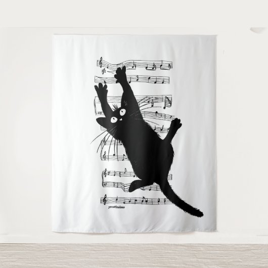 Tenture The cat hangs on musical notes (Devant)