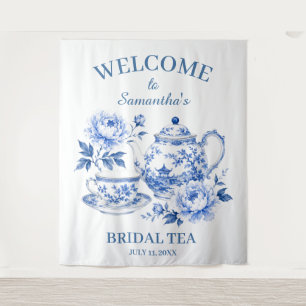 Tenture Théière en Chinoiserie Fleurie Bleue pour Enterrem