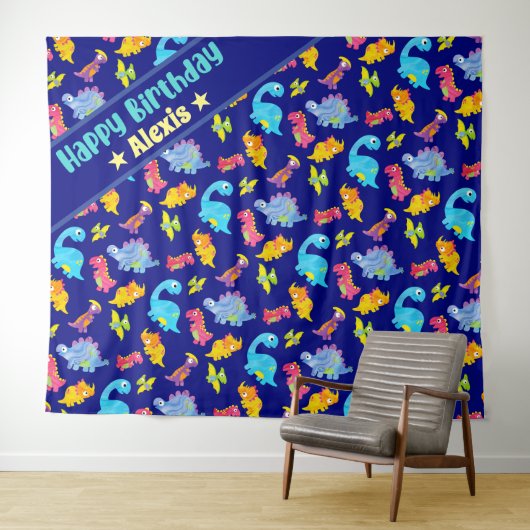 Tenture Thème d'anniversaire de dinosaure de couleur bleu (En situation (horizontale))