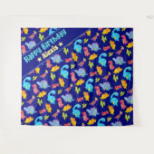 Tenture Thème d'anniversaire dinosaure coloré bleu marine  (Devant (Horizontal))