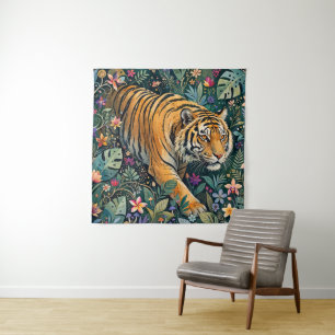 Tenture Tigre aux yeux ambre, feuillage de jungle fantaisi