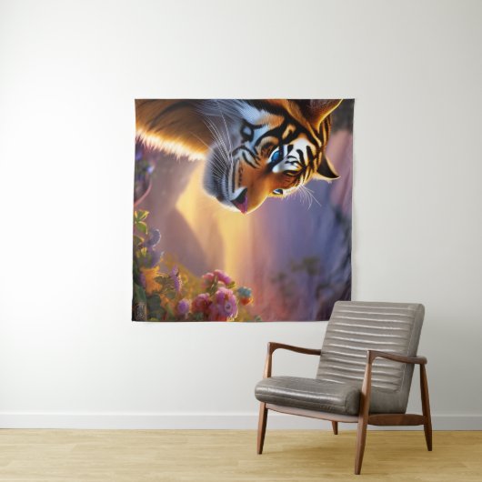 Tenture Tigre bleu et fleurs roses (En situation (horizontale))