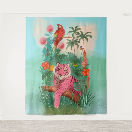 Tenture Tigre rose et perroquet dans la jungle tropicale G (Devant)