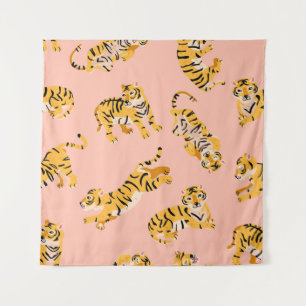 Tenture Tigres caricaturaux, motif vintage rose.