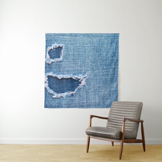 Tenture Tissu en denim déchiré, teintes bleues. (En situation)