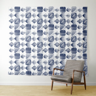 Tenture Tissu Tribal des Caraïbes : blanc, bleu marine