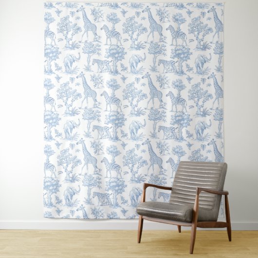 Tenture Toile de Jouy Safari animaux baby shower bleu (En situation)