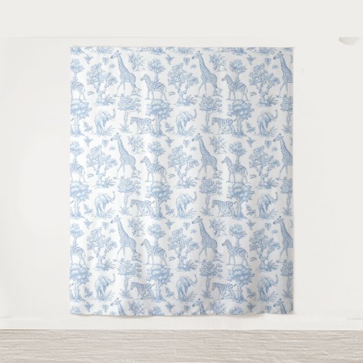 Tenture Toile de Jouy Safari animaux baby shower bleu (Devant)