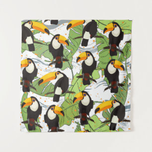Tenture Toucan tropical, palmiers verts, motif vintage.