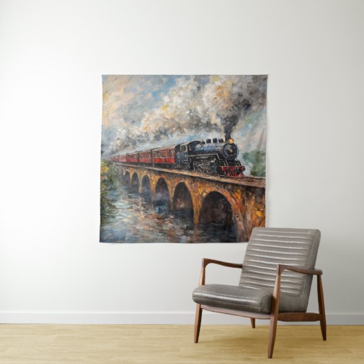 Tenture Train à vapeur sur un pont - Peinture à l'huile (En situation)