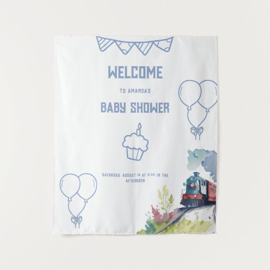 Tenture Train Ballons Bleus Garçon Baby Shower Fantaisie (Devant)