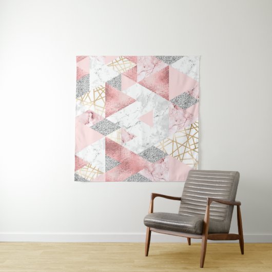 Tenture Triangles d'argent d'or géométrique, motif en marb (En situation (horizontale))