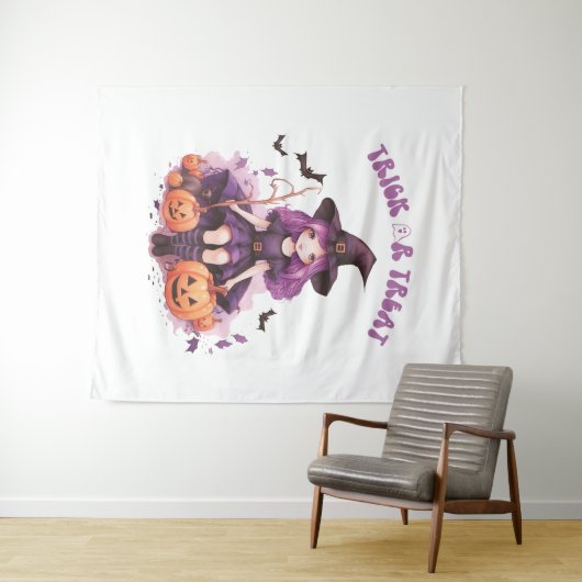 Tenture Trick ou traiter la sorcière violette Citrouilles  (En situation (horizontale))