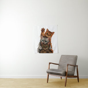 Tenture Trio de chats fantaisistes : Empilements ludiques