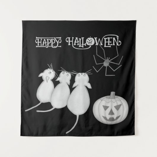 Tenture Trois chats, citrouille et araignée Halloween (Devant)