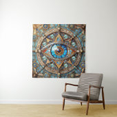 Tenture Troisième Œil - Mandala Bleu Turquoise Or (En situation)