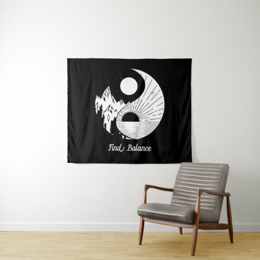 Tenture Trouver l'équilibre Zen Yin Yang Noir Blanc (En situation (horizontale))