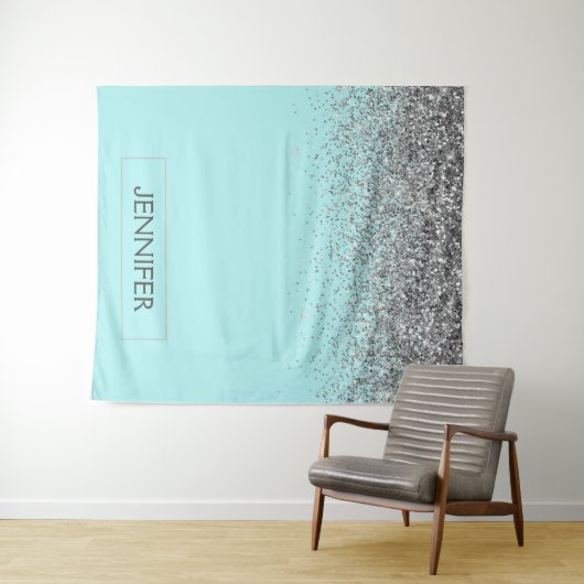 Tenture Turquoise Aqua Blue Silver Parties scintillant Gir (En situation (horizontale))