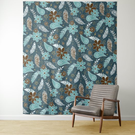 Tenture turquoises plumes turquoise doodle fleurs boho (En situation)