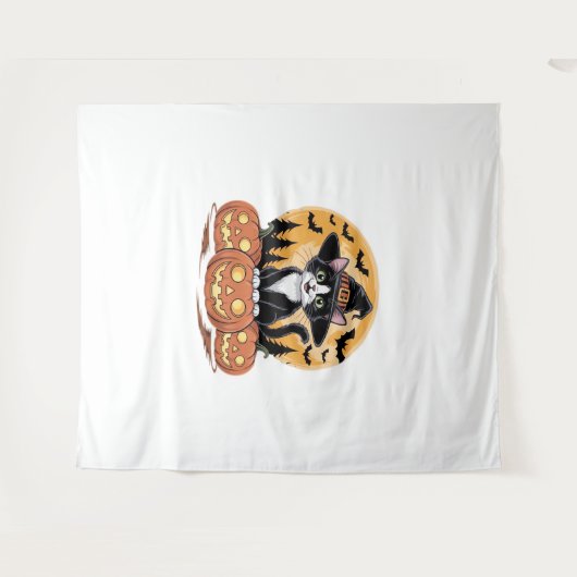 Tenture Tuxedo Chat Halloween Sorcière mignonne Citrouille (Devant (Horizontal))