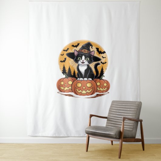 Tenture Tuxedo Chat Halloween Sorcière mignonne Citrouille (En situation)