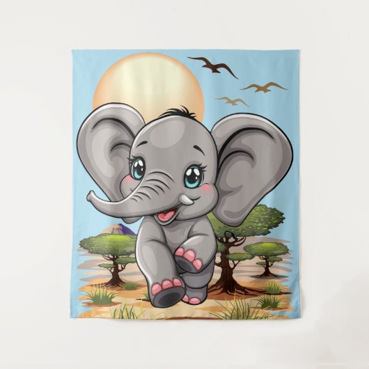 Tenture Un bébé éléphant qui sonne heureux dans la savane (Devant)