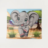 Tenture Un bébé éléphant qui sonne heureux dans la savane (Devant (Horizontal))