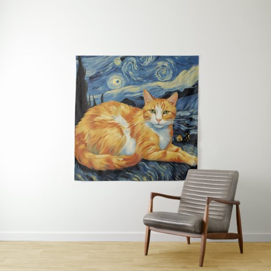 Tenture Un chat dans la nuit étoilée (En situation)