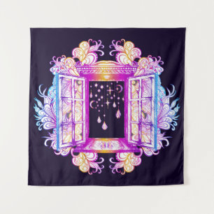 Tenture Une fenêtre vintage ouverte avec pendentifs contre