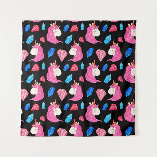 Tenture Unicorne, cristaux : magique motif aquarelle. (Devant)