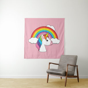 Tenture Unicorne et arc-en-ciel avec nuages Kawaii