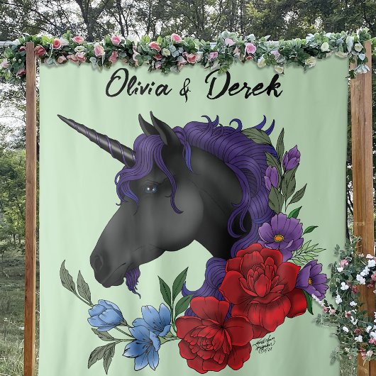 Tenture Unicorne Noire Rouge Violet Fleurs De Sage