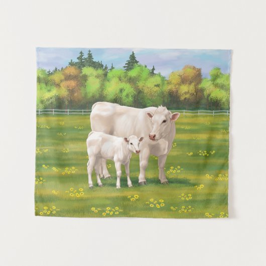 Tenture Vache Charolais Blanche & Boeuf de veau Cupide (Devant (Horizontal))