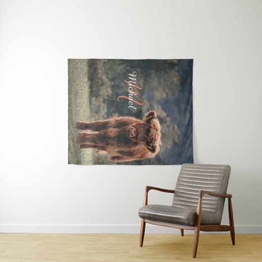 Tenture Vache de Highland calvaire herbe d'automne monogra (En situation (horizontale))