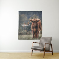 Vache de Highland calvaire herbe d'automne monogra
