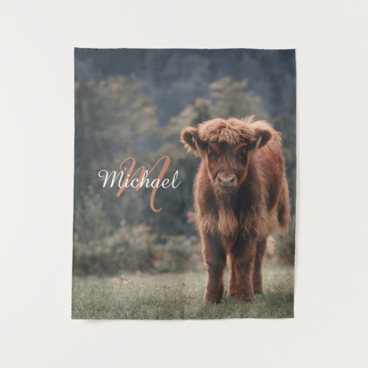 Tenture Vache de Highland calvaire herbe d'automne monogra (Devant)